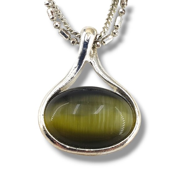 Green Cat Eye Center Silver Tone Pendant Double Strand Collar Choker Necklace - Picture 1 of 11